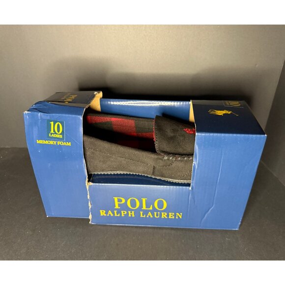 Polo Ralph Lauren Moccasin Slipper Womens 10 Black Red Memory Foam - Picture 1 of 6